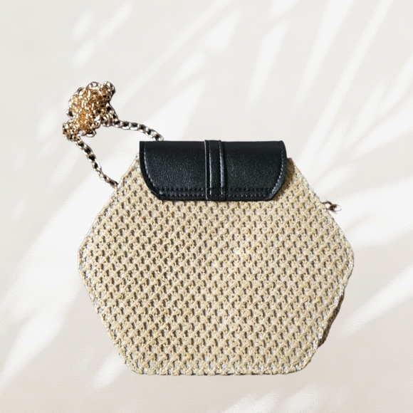 Straw/Black Faux Leather Octagon Crossbody - Picture 3 of 4